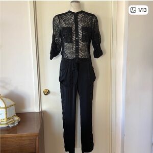 BCBG Black Lace & Soft Satin Cargo Jumpsuit 6 EUC
